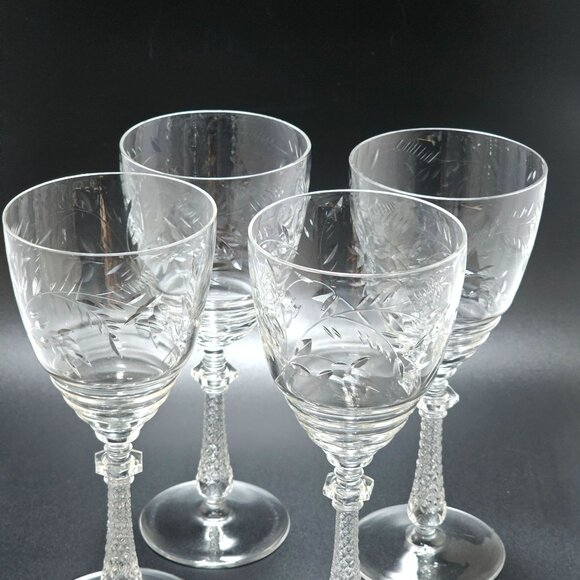 4 Rock Sharpe Dixie Wine Glasses 7.75" goblets vtg Depression glass cut glass - Picture 3 of 6